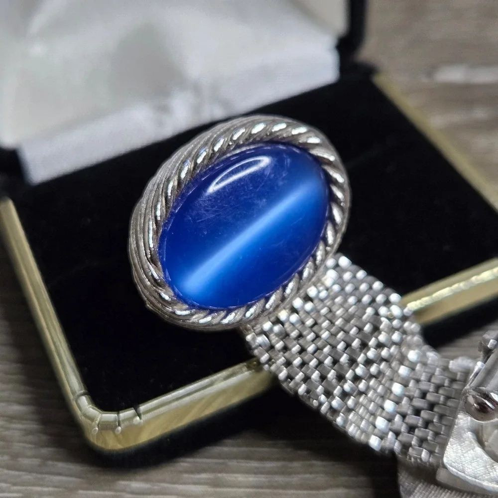 Silver Tone Blue Chatoyant Glass Cufflinks Wrap Around Mesh Toggle Back